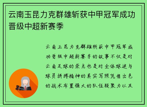 云南玉昆力克群雄斩获中甲冠军成功晋级中超新赛季