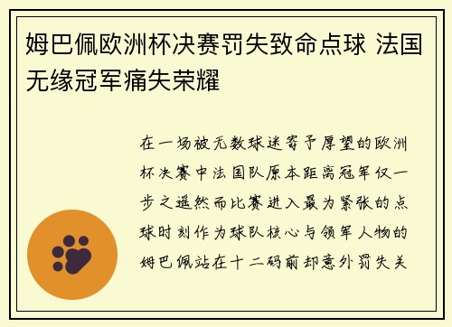 姆巴佩欧洲杯决赛罚失致命点球 法国无缘冠军痛失荣耀